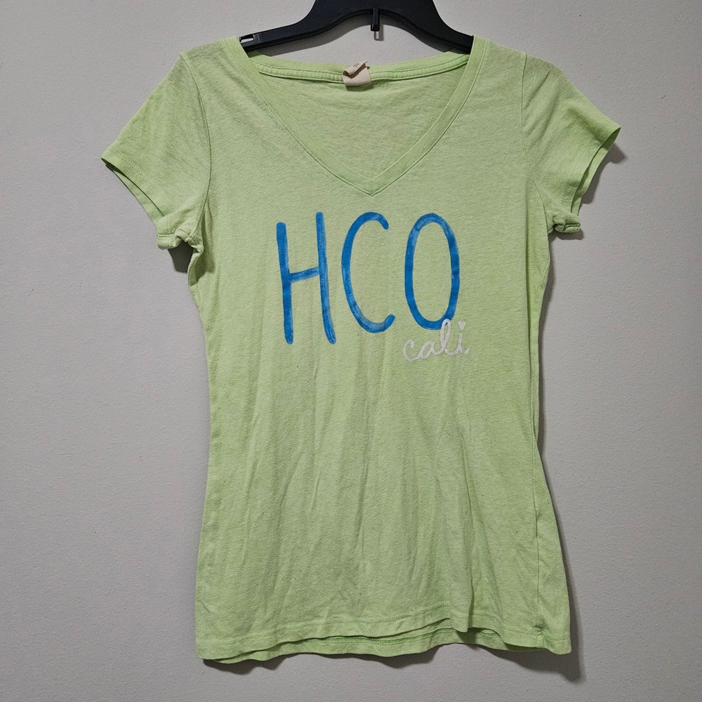 Hollister Womens Lime Green HCO Cali Graphic V-Neck Short Sleeve T-Shirt Size M